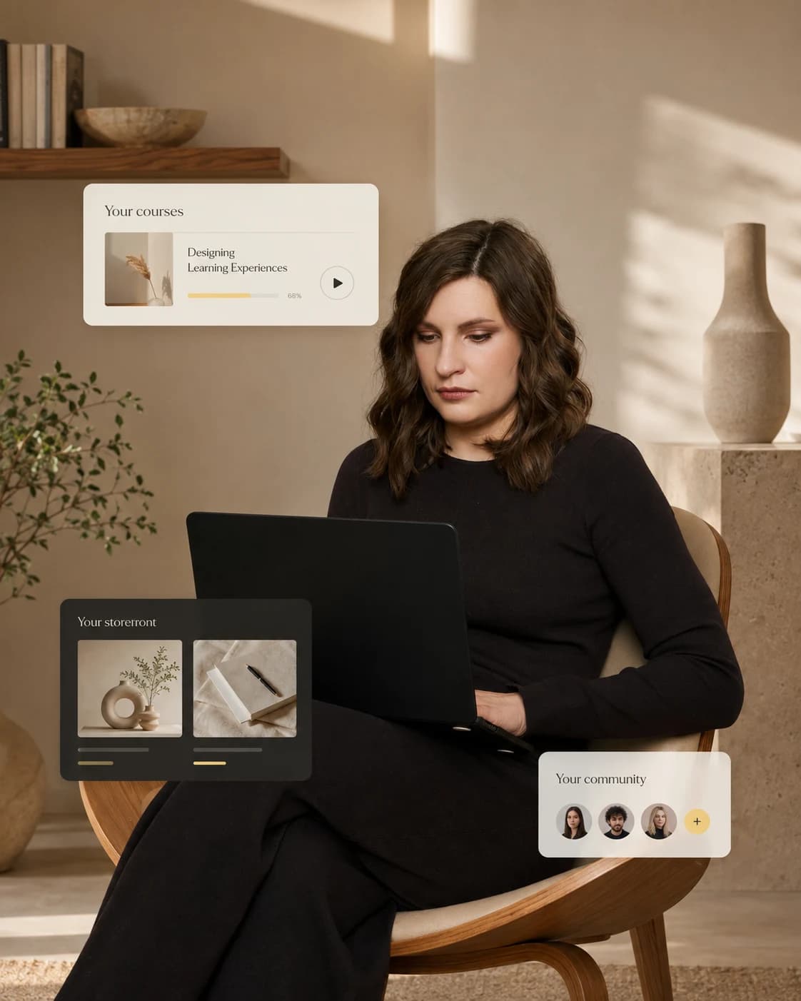 Creator working on her laptop, surrounded by illustrative course, storefront, and community panels